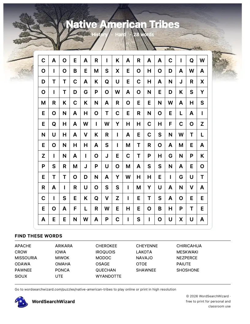 Native American Tribes word search printable sheet, 28 words to find
