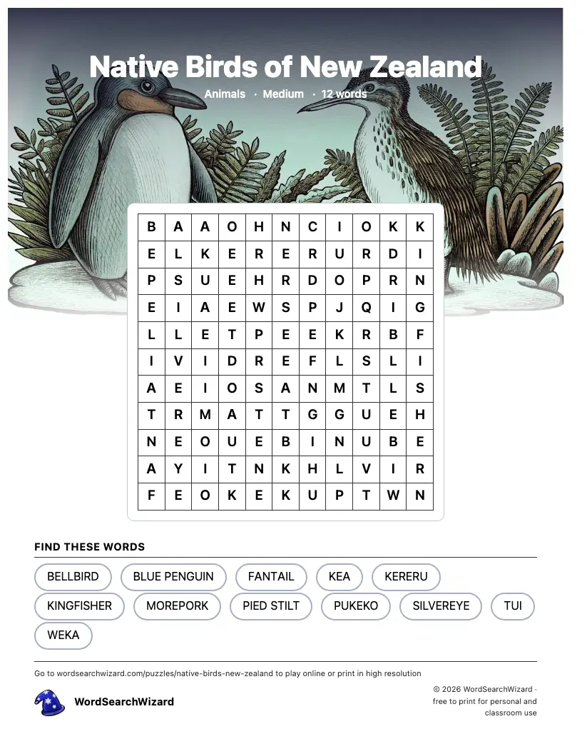 Native Birds of New Zealand word search printable sheet, 12 words to find