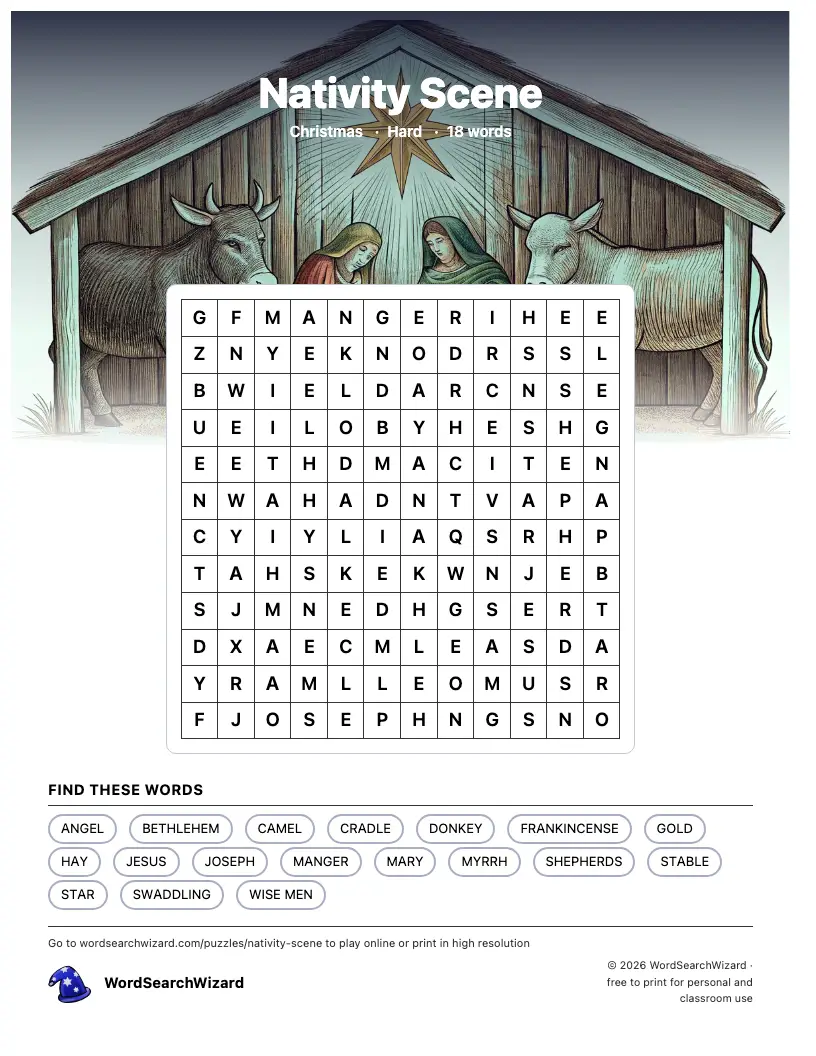 Nativity Scene word search printable sheet, 18 words to find