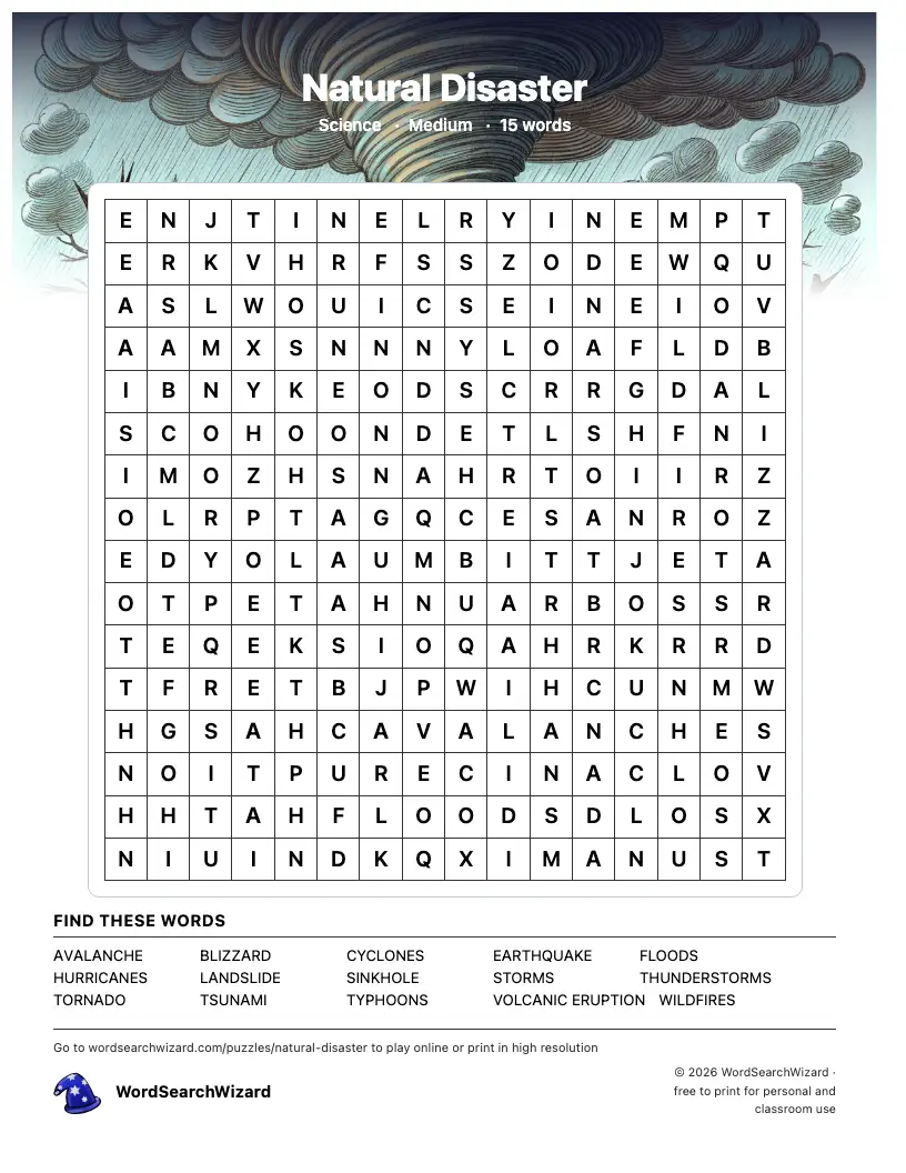 Natural Disaster word search printable sheet, 15 words to find