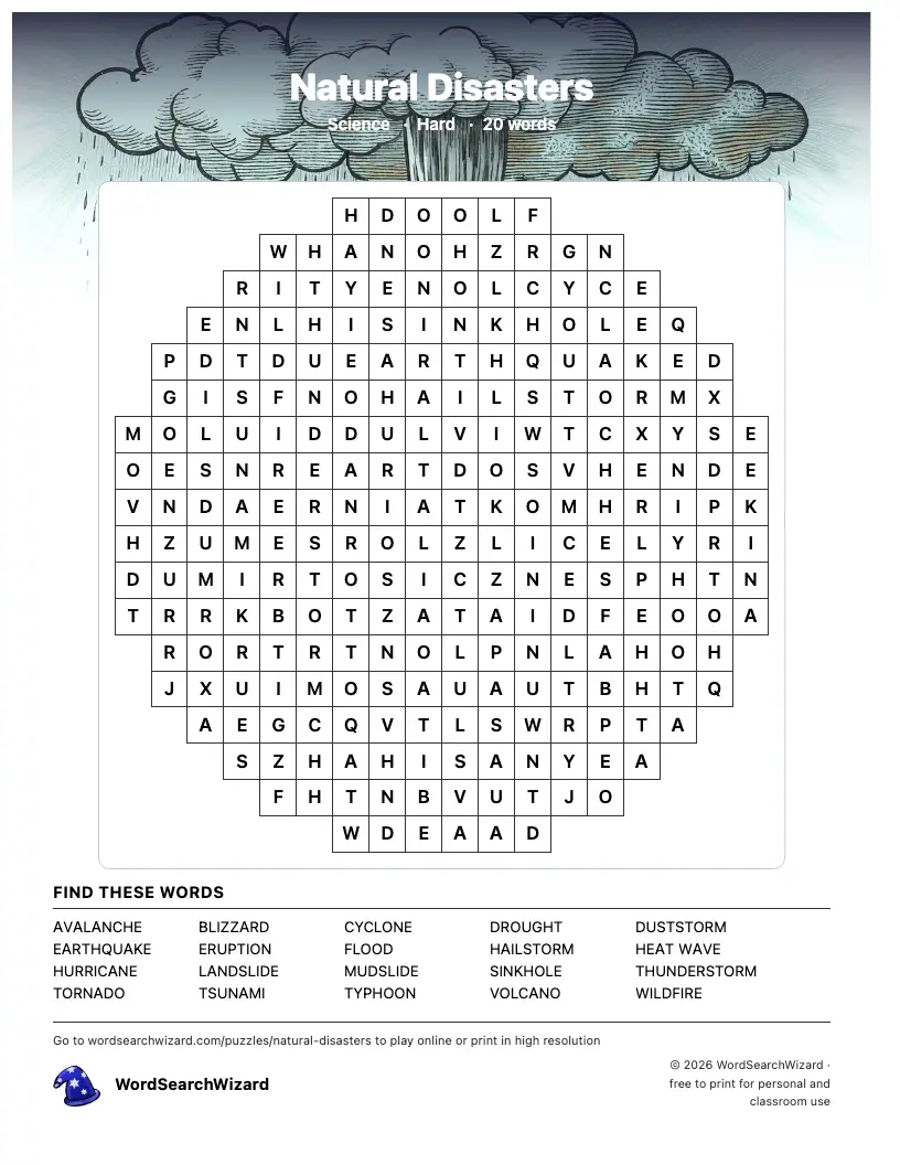 Natural Disasters word search printable sheet, 20 words to find