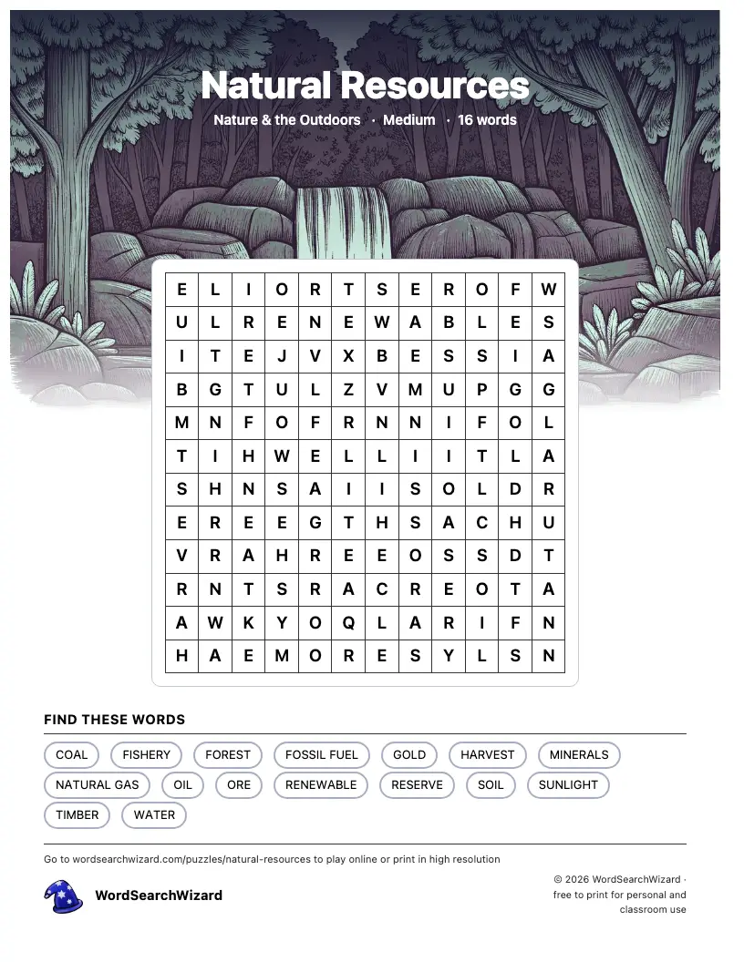 Natural Resources word search printable sheet, 16 words to find