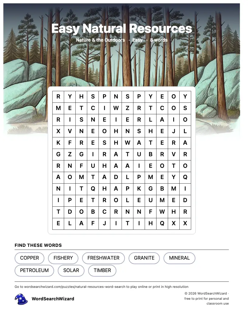 Easy Natural Resources word search printable sheet, 8 words to find
