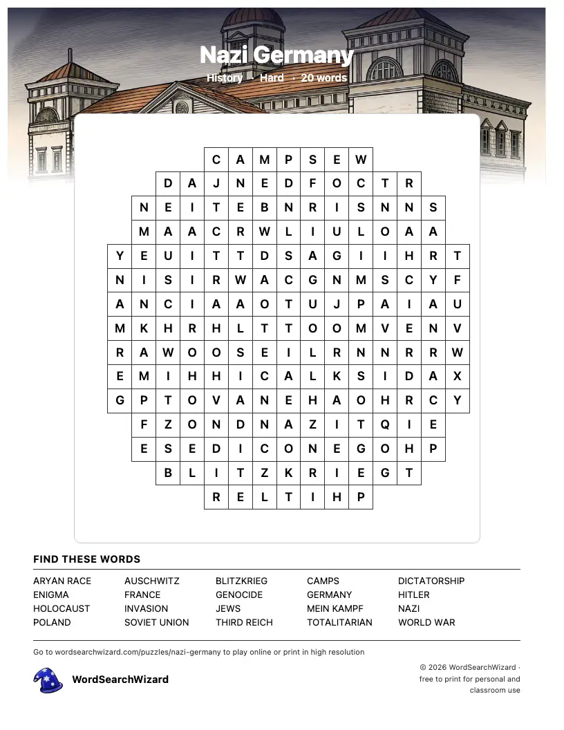 Nazi Germany word search printable sheet, 20 words to find