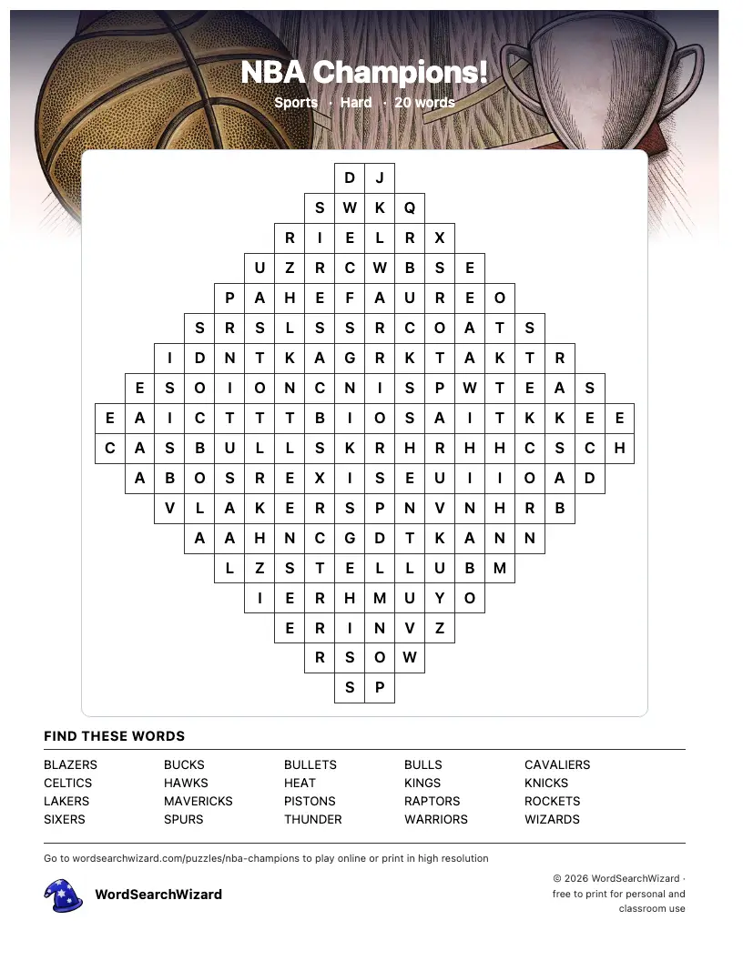 NBA Champions! word search printable sheet, 20 words to find
