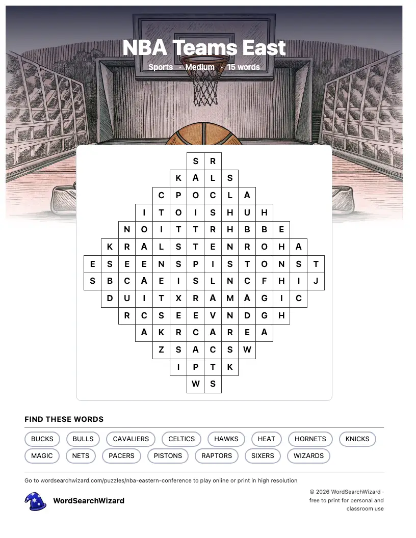 NBA Teams East word search printable sheet, 15 words to find