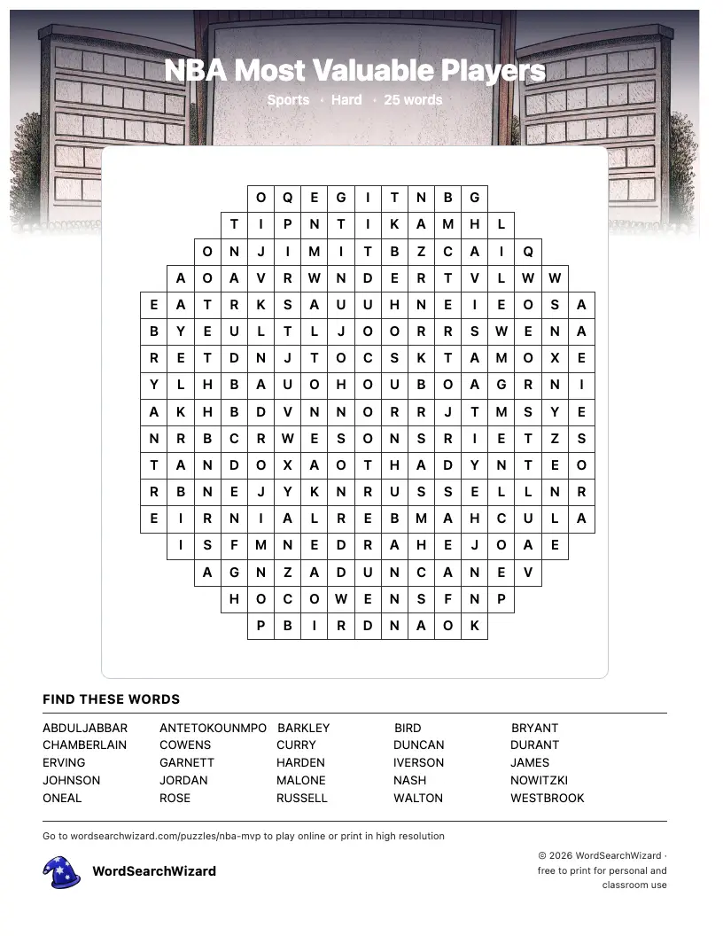 NBA Most Valuable Players word search printable sheet, 25 words to find