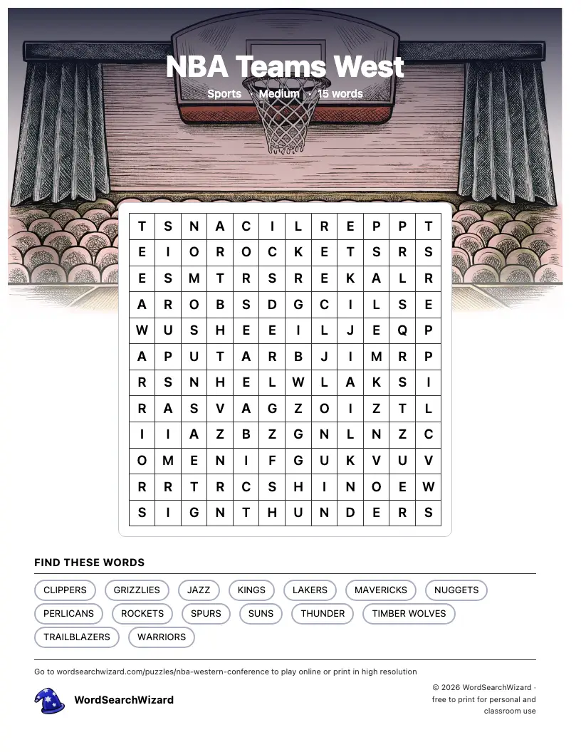 NBA Teams West word search printable sheet, 15 words to find