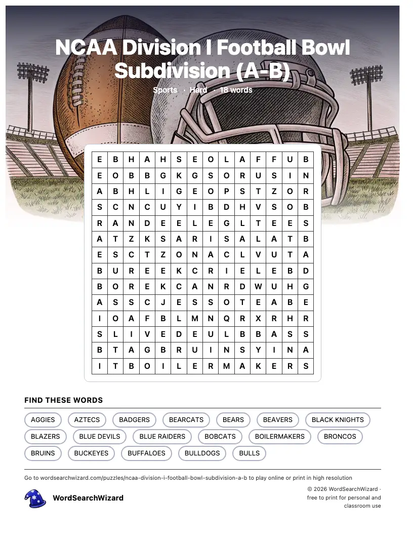 NCAA Division I Football Bowl Subdivision (A-B) word search printable sheet, 18 words to find