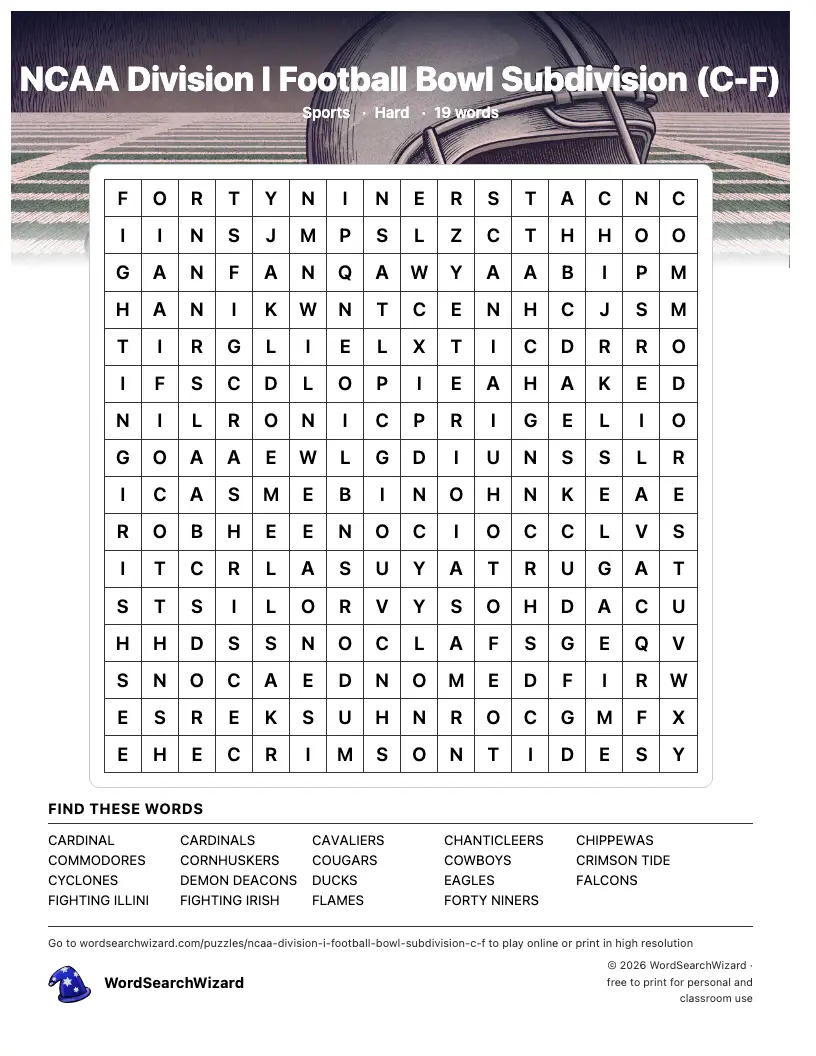 NCAA Division I Football Bowl Subdivision (C-F) word search printable sheet, 19 words to find
