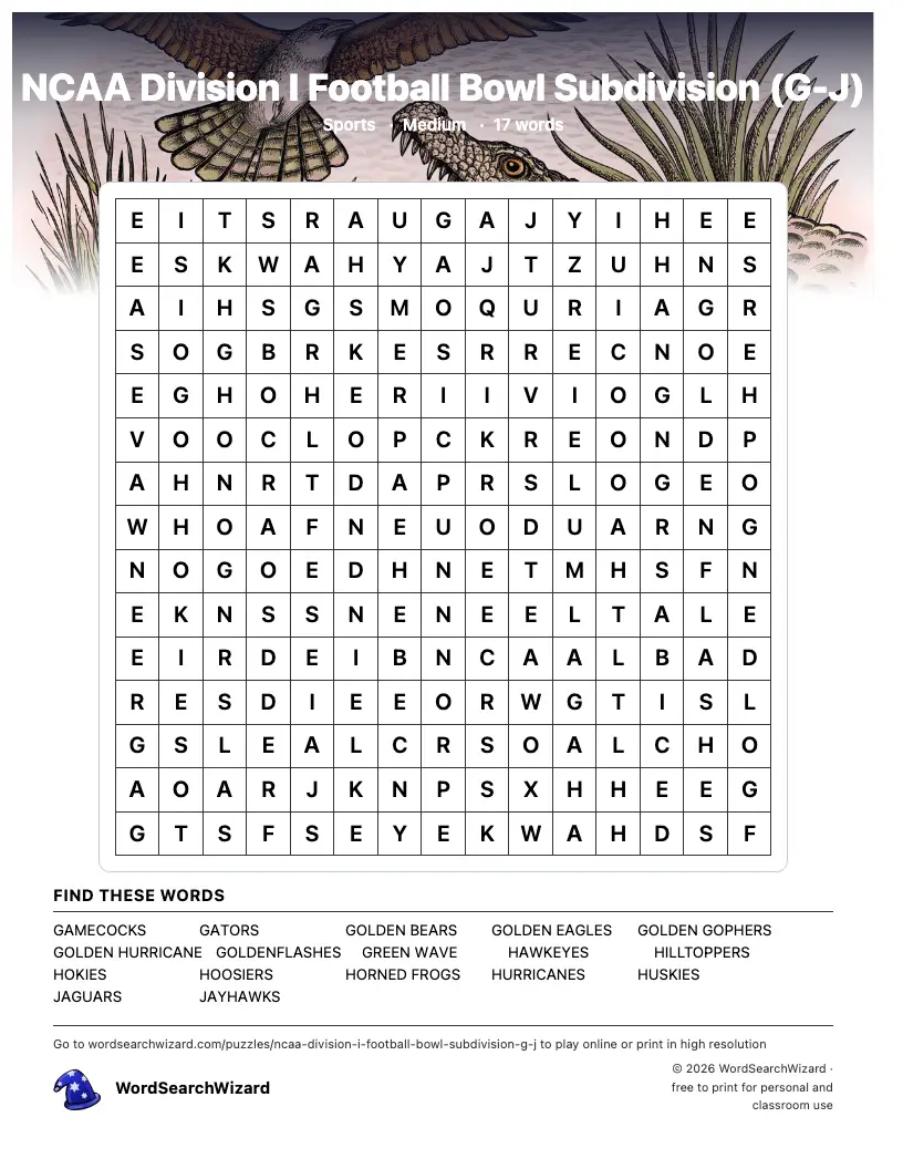 NCAA Division I Football Bowl Subdivision (G-J) word search printable sheet, 17 words to find