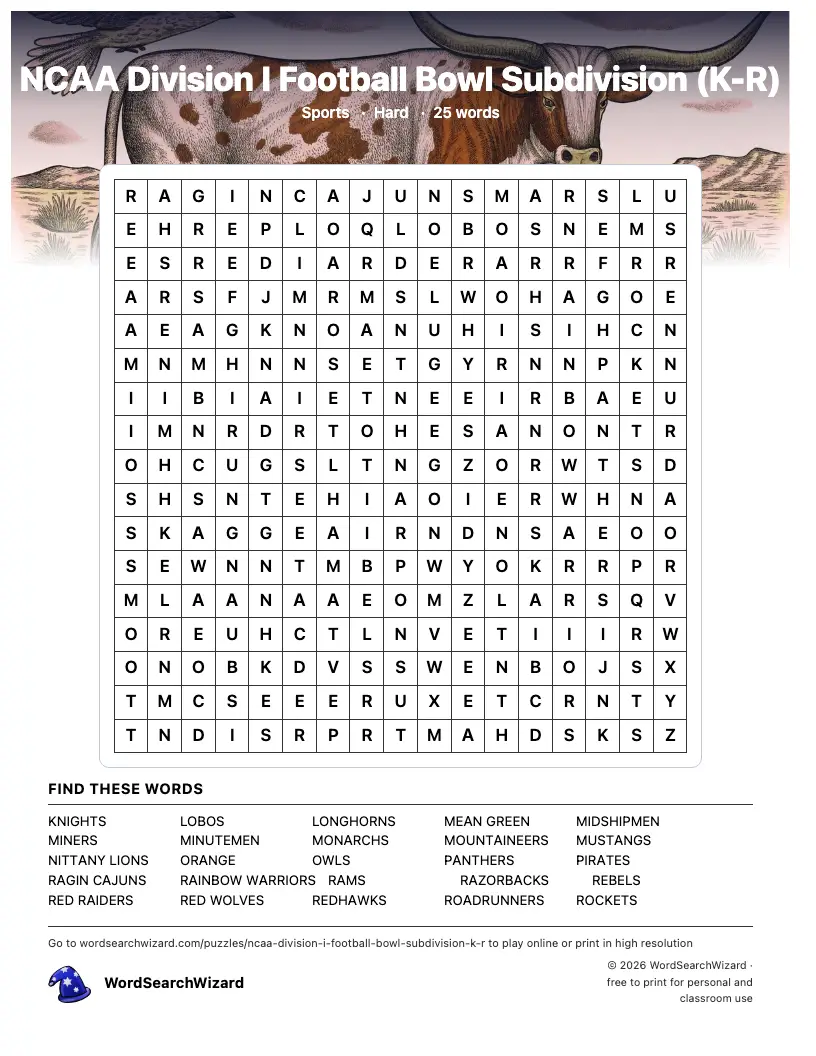 NCAA Division I Football Bowl Subdivision (K-R) word search printable sheet, 25 words to find