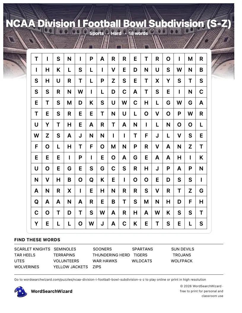 NCAA Division I Football Bowl Subdivision (S-Z) word search printable sheet, 18 words to find