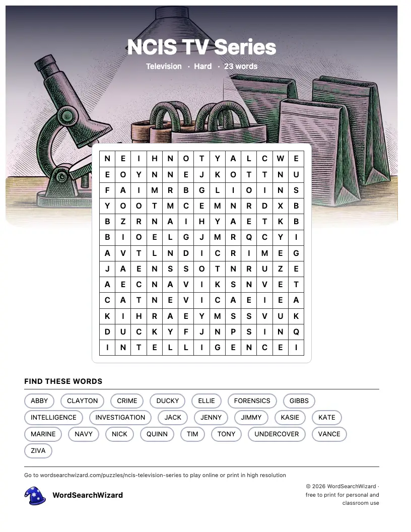 NCIS TV Series word search printable sheet, 23 words to find