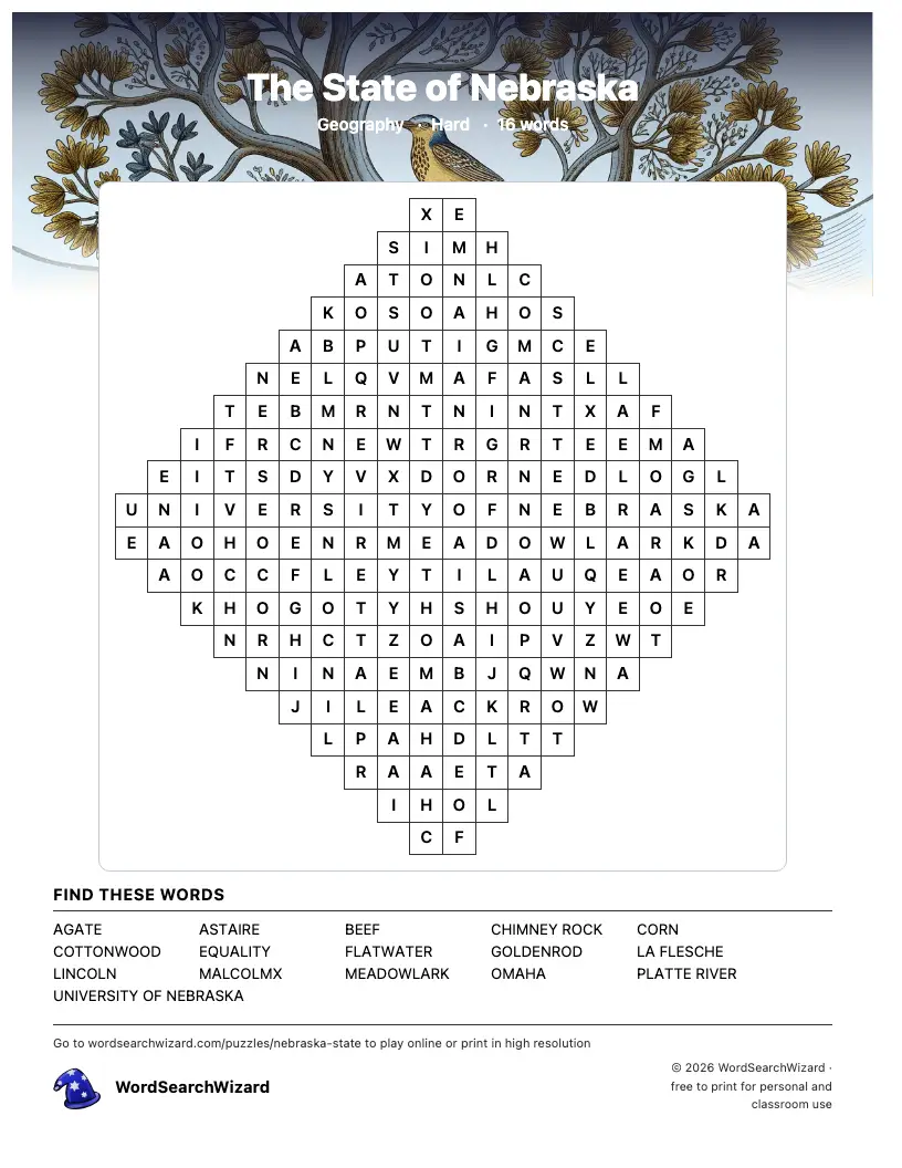 The State of Nebraska word search printable sheet, 16 words to find