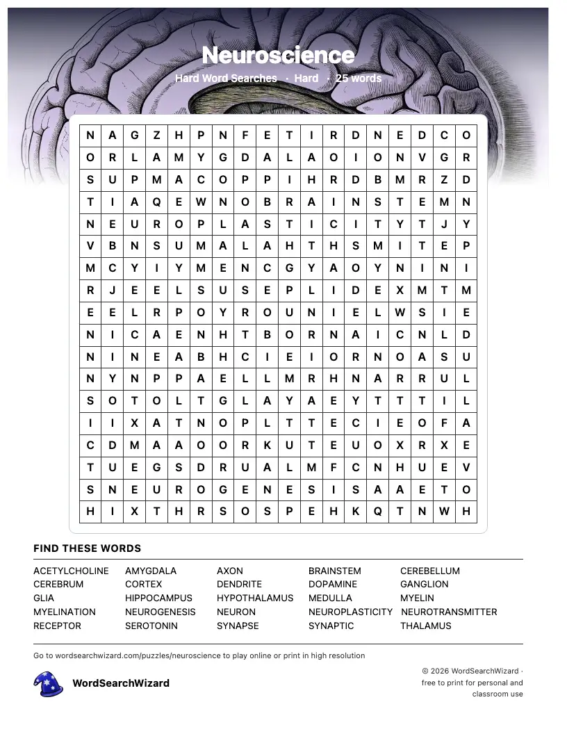 Neuroscience word search printable sheet, 25 words to find