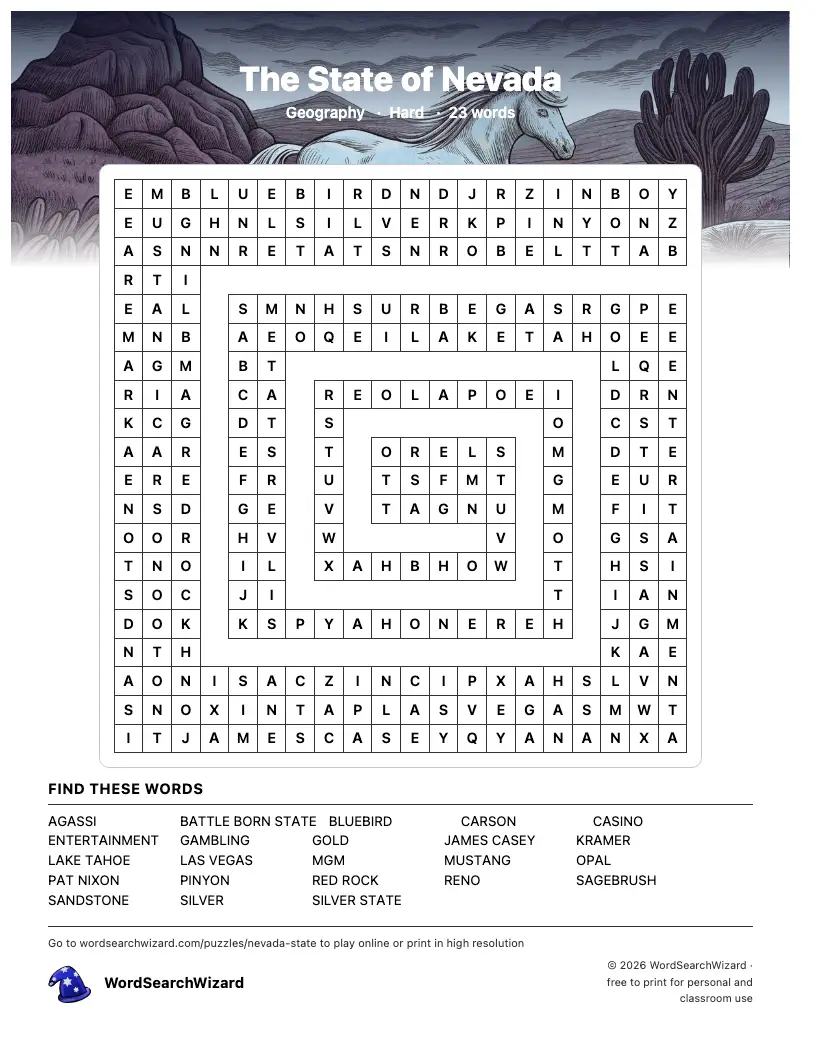 The State of Nevada word search printable sheet, 23 words to find