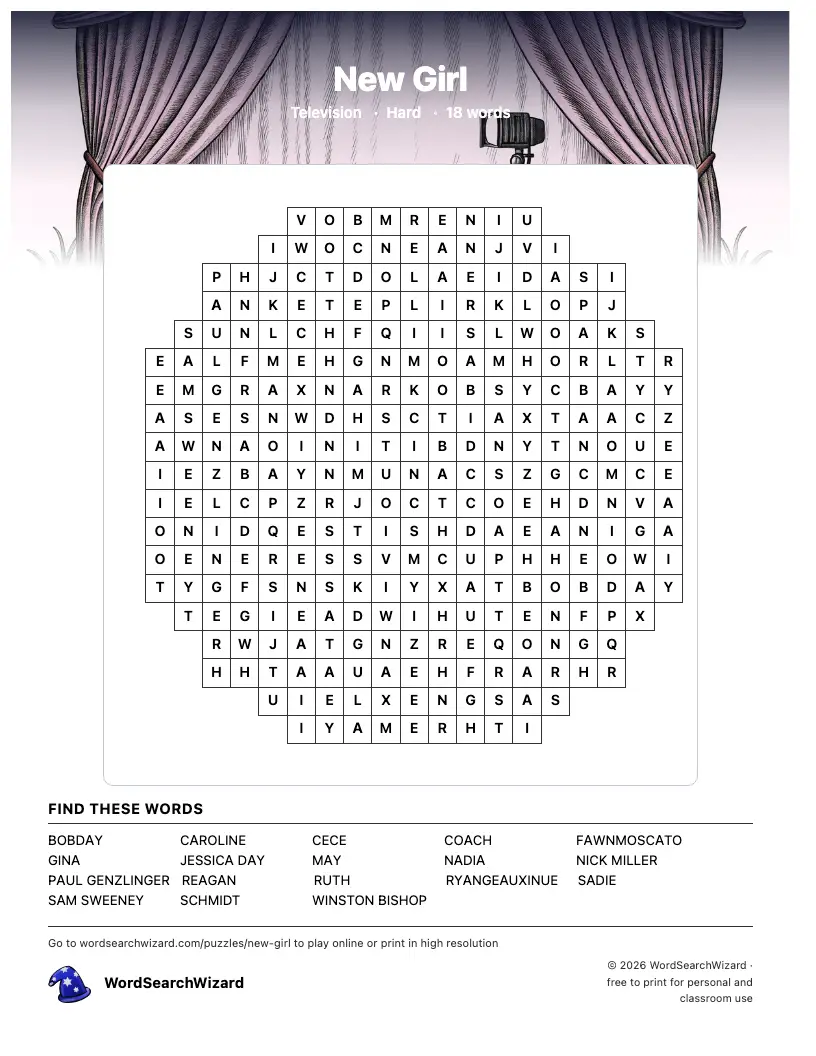 New Girl word search printable sheet, 18 words to find