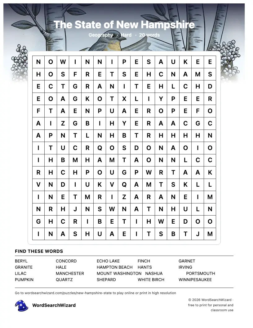 The State of New Hampshire word search printable sheet, 20 words to find
