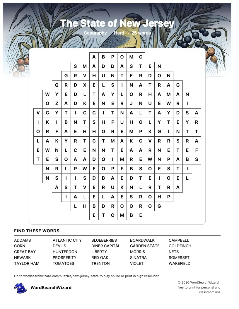 The State of New Jersey word search printable sheet, 25 words to find