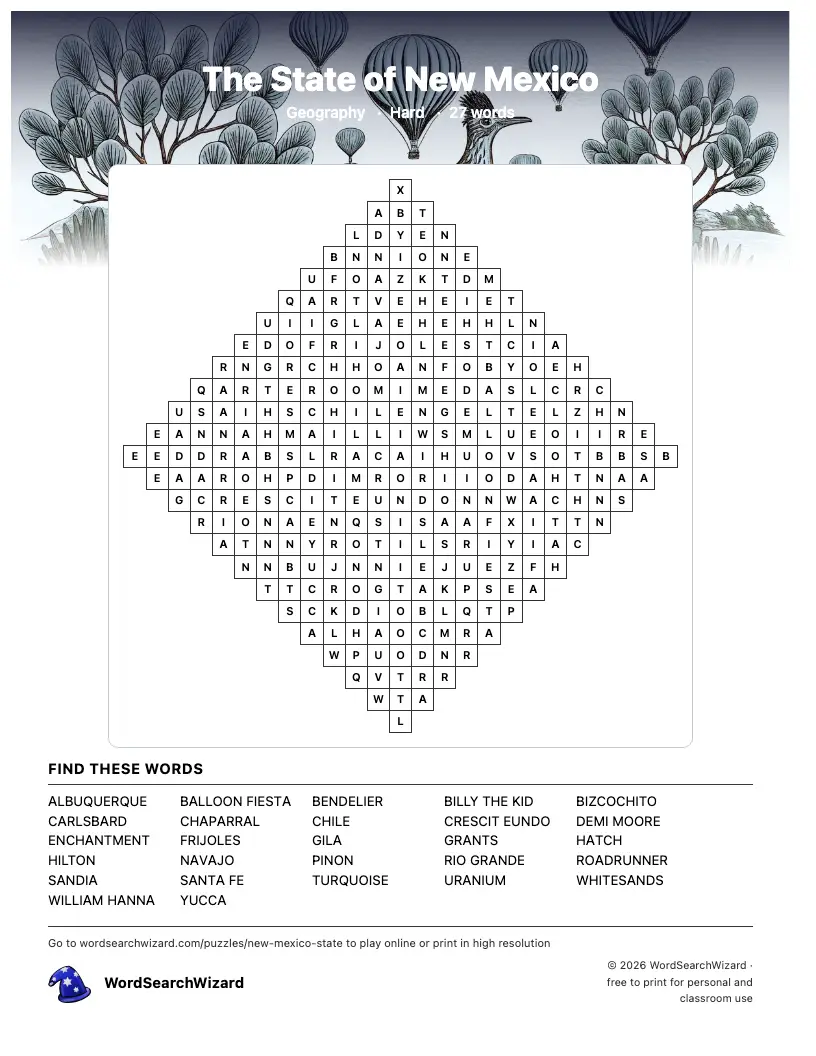 The State of New Mexico word search printable sheet, 27 words to find