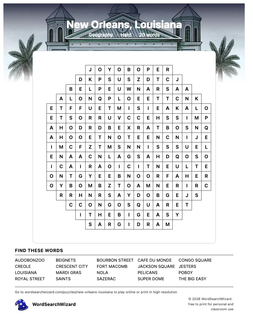 New Orleans, Louisiana word search printable sheet, 20 words to find