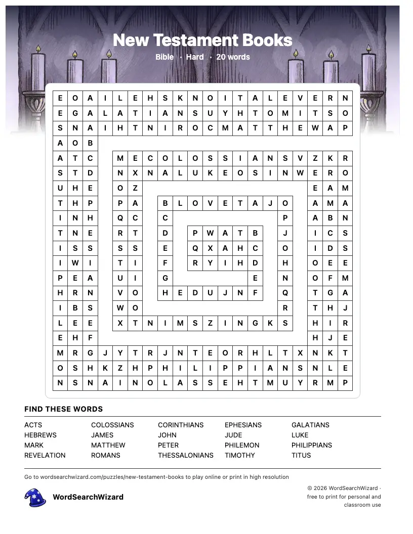 New Testament Books word search printable sheet, 20 words to find