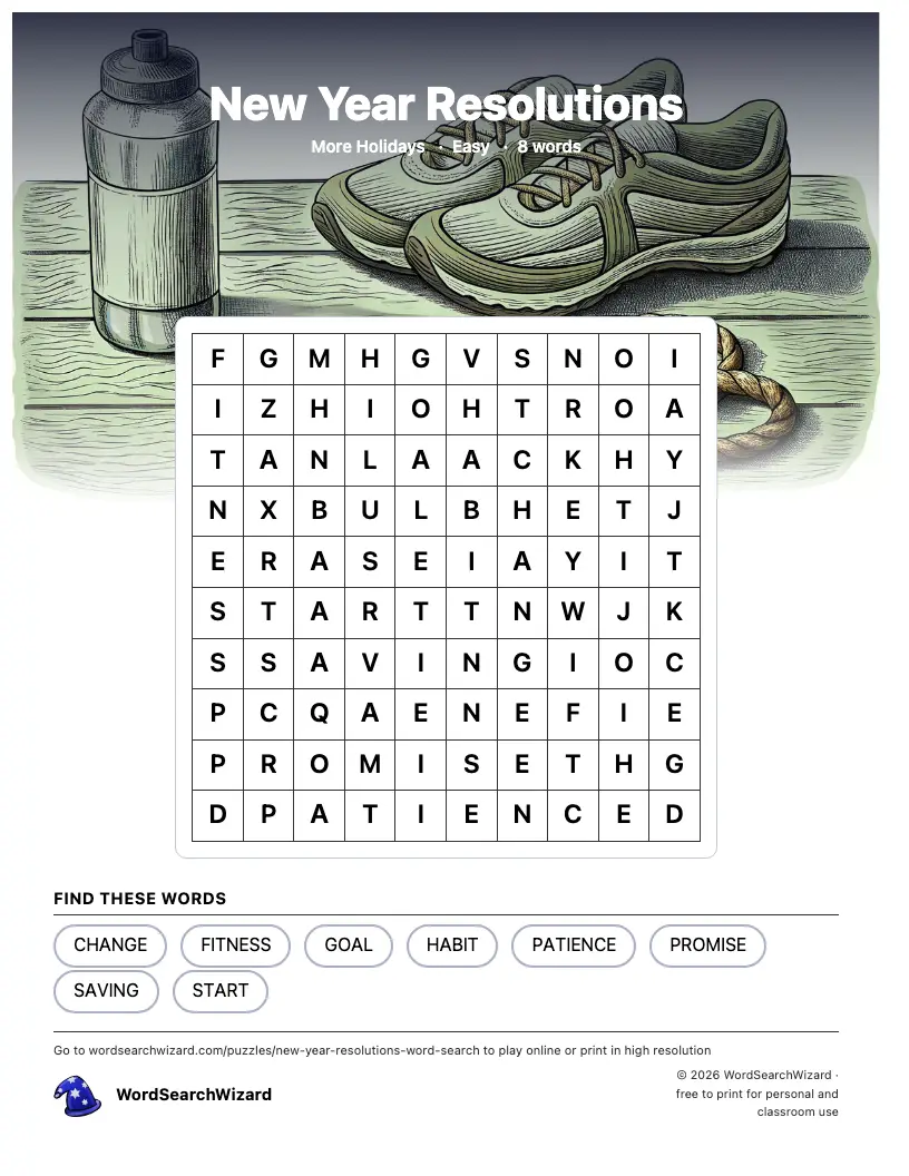 New Year Resolutions word search printable sheet, 8 words to find