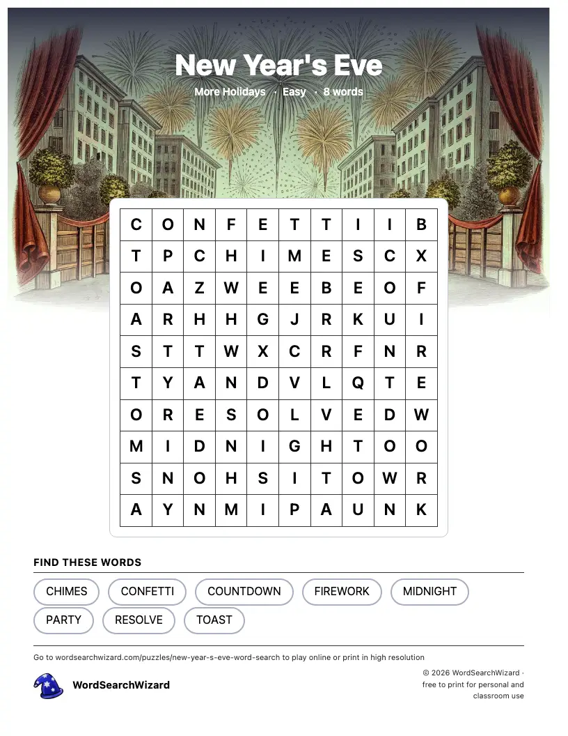 New Year's Eve word search printable sheet, 8 words to find