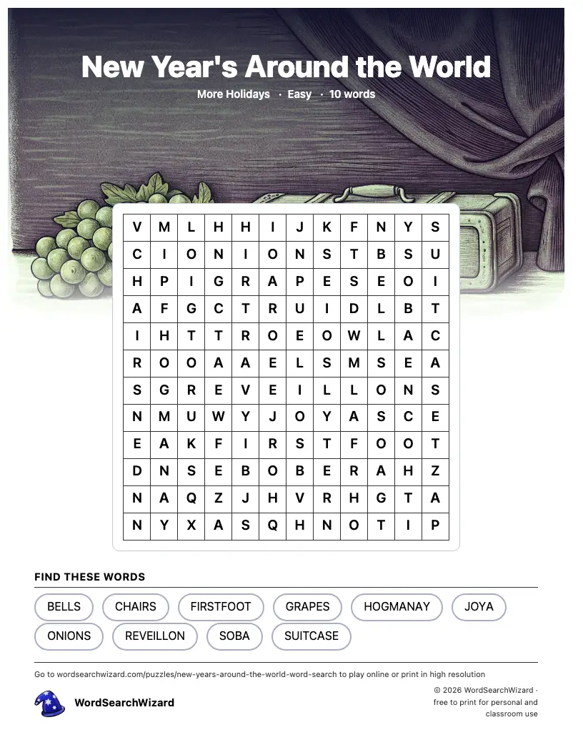 New Year's Around the World word search printable sheet, 10 words to find