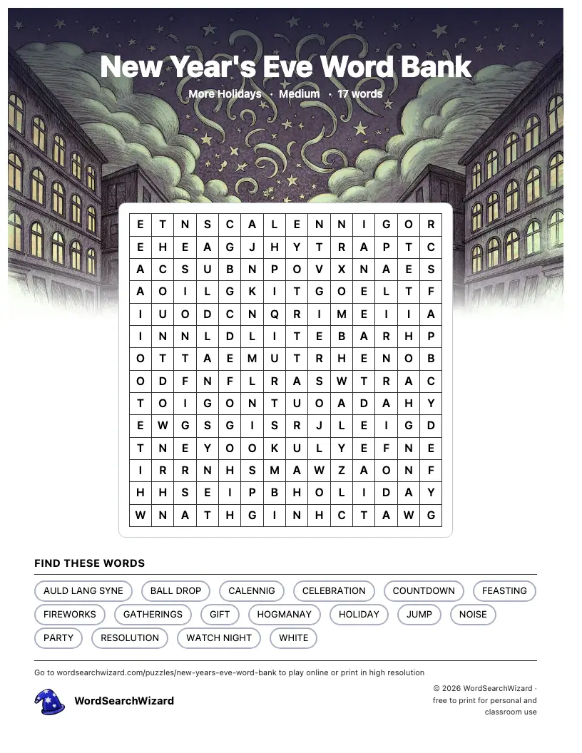 New Year's Eve Word Bank word search printable sheet, 17 words to find