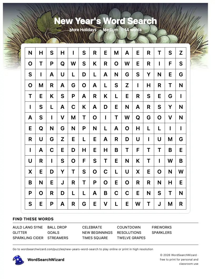 New Year's word search printable sheet, 14 words to find