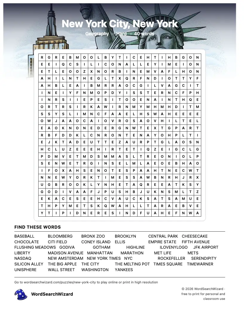 New York City, New York word search printable sheet, 40 words to find