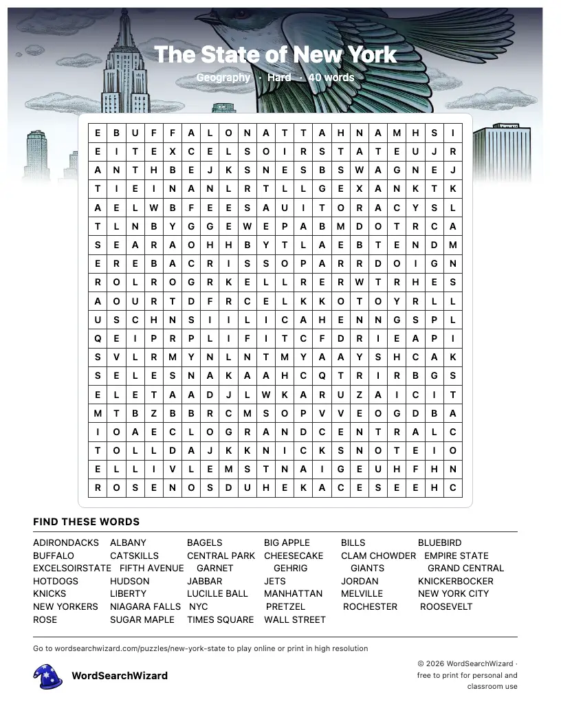 The State of New York word search printable sheet, 40 words to find