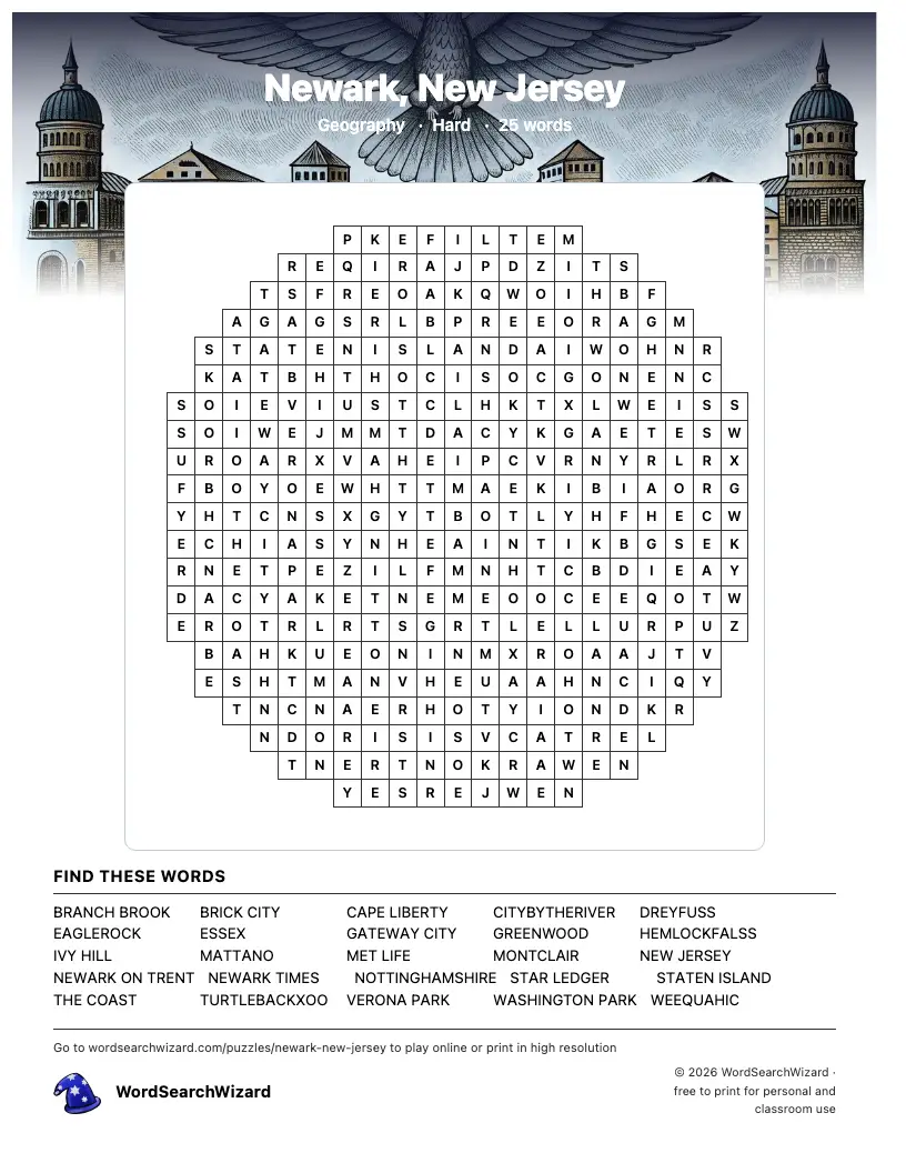 Newark, New Jersey word search printable sheet, 25 words to find