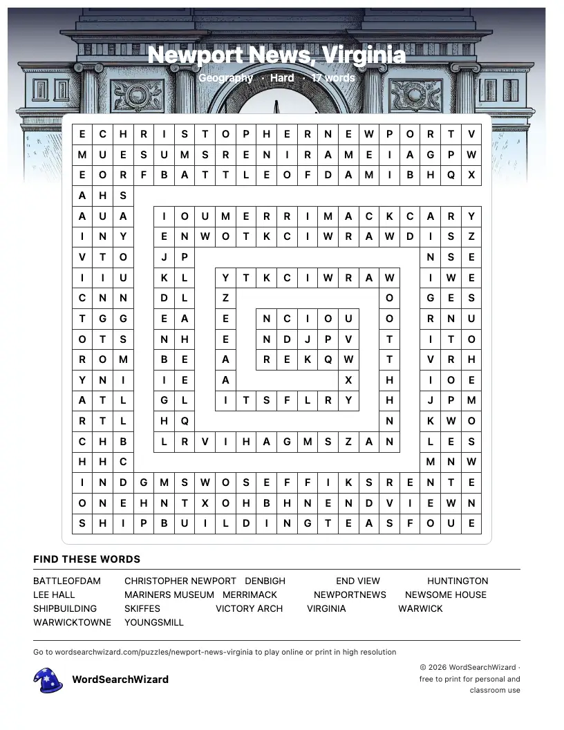 Newport News, Virginia word search printable sheet, 17 words to find