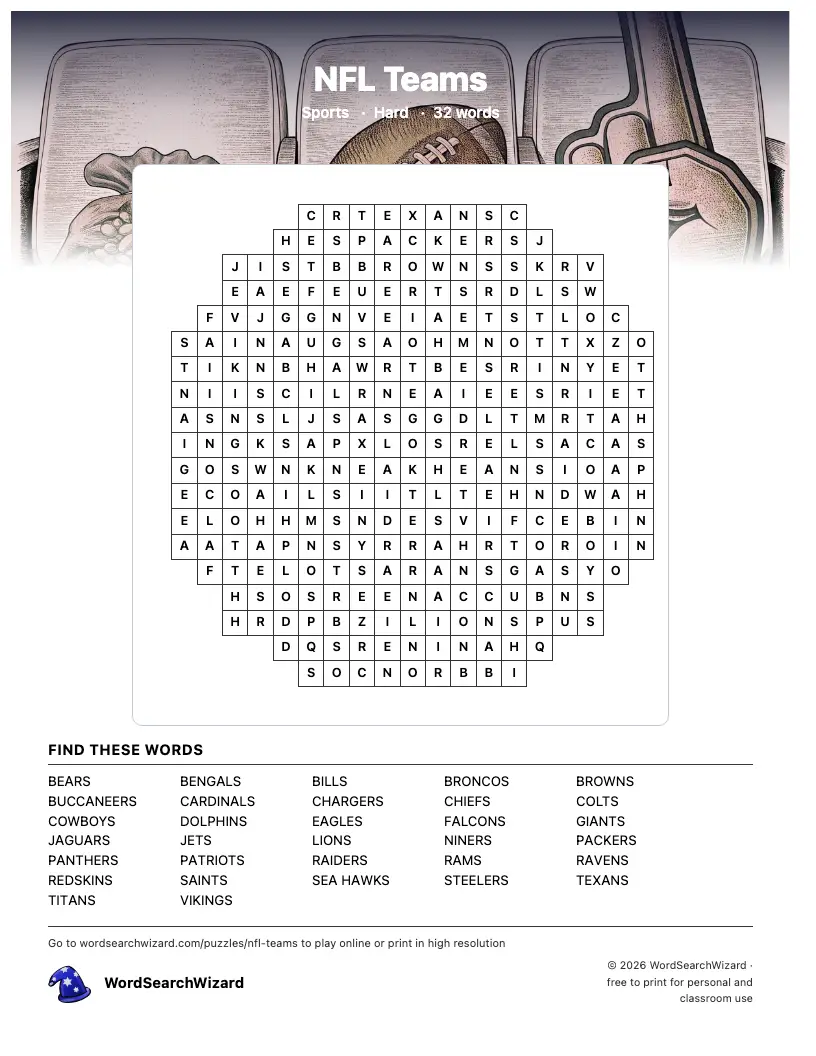 NFL Teams word search printable sheet, 32 words to find