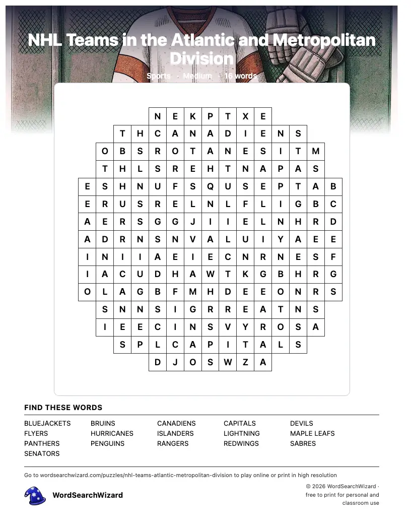 NHL Teams in the Atlantic and Metropolitan Division word search printable sheet, 16 words to find