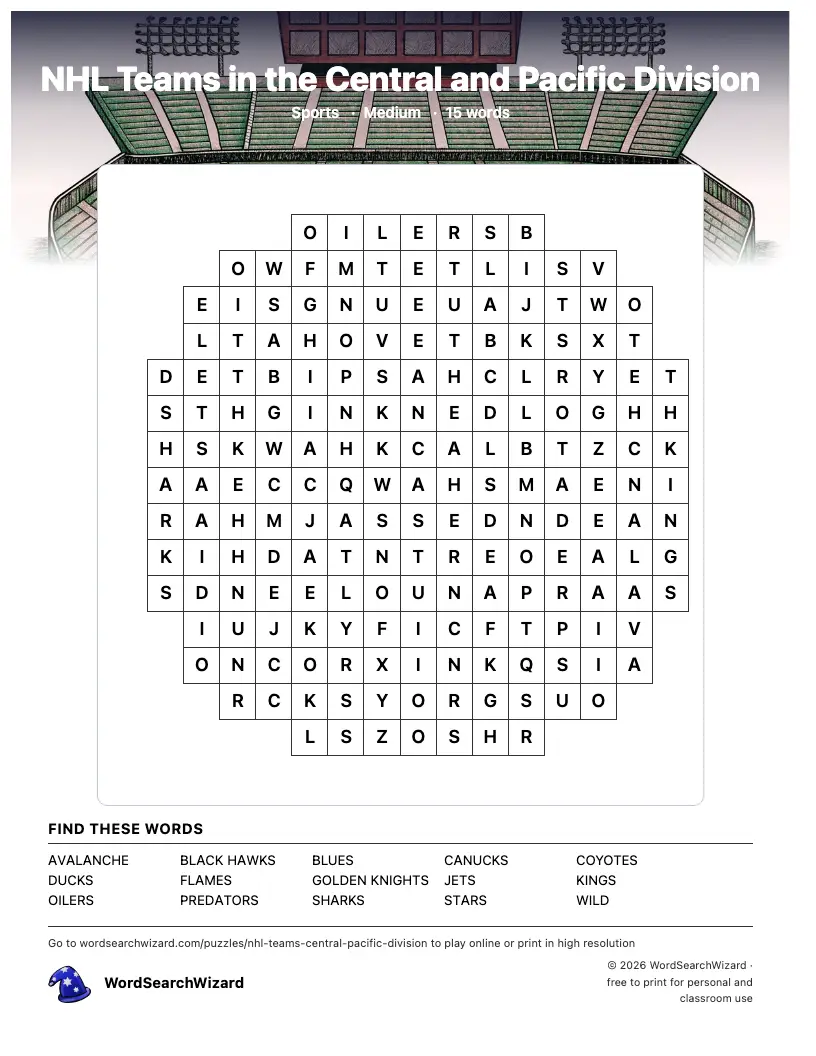NHL Teams in the Central and Pacific Division word search printable sheet, 15 words to find