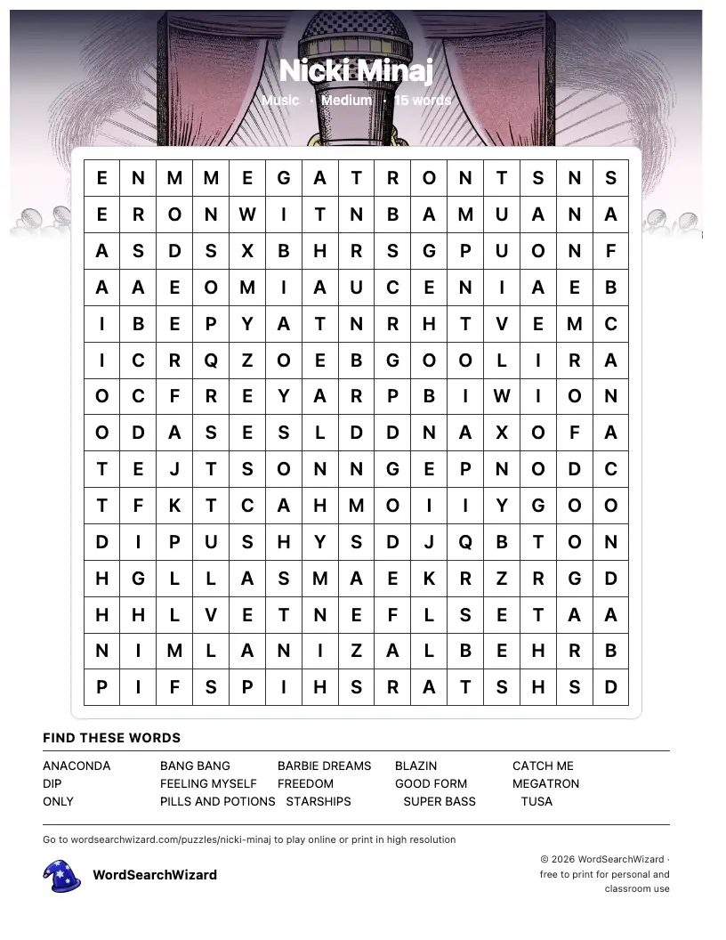 Nicki Minaj word search printable sheet, 15 words to find