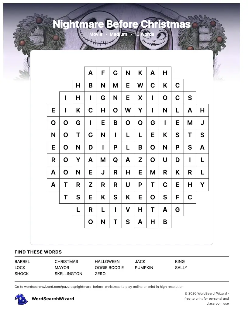 Nightmare Before Christmas word search printable sheet, 13 words to find