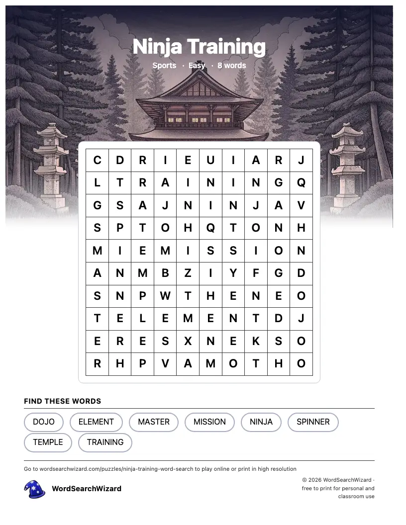 Ninja Training word search printable sheet, 8 words to find