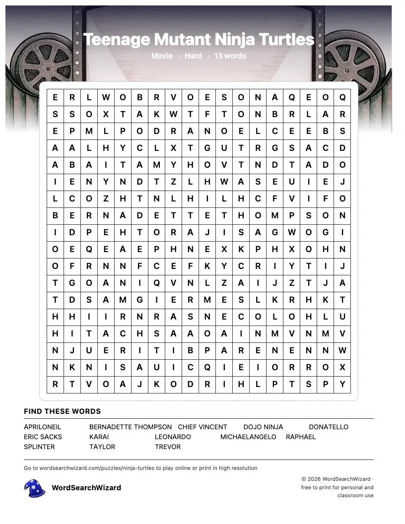 Teenage Mutant Ninja Turtles word search printable sheet, 13 words to find