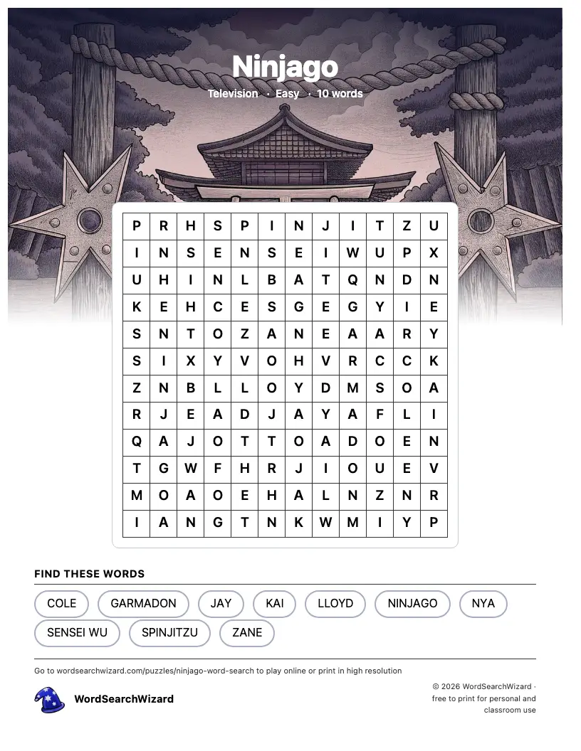 Ninjago word search printable sheet, 10 words to find