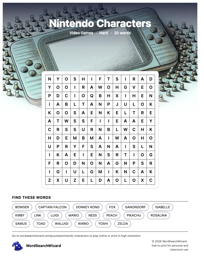 Nintendo Characters word search printable sheet, 20 words to find