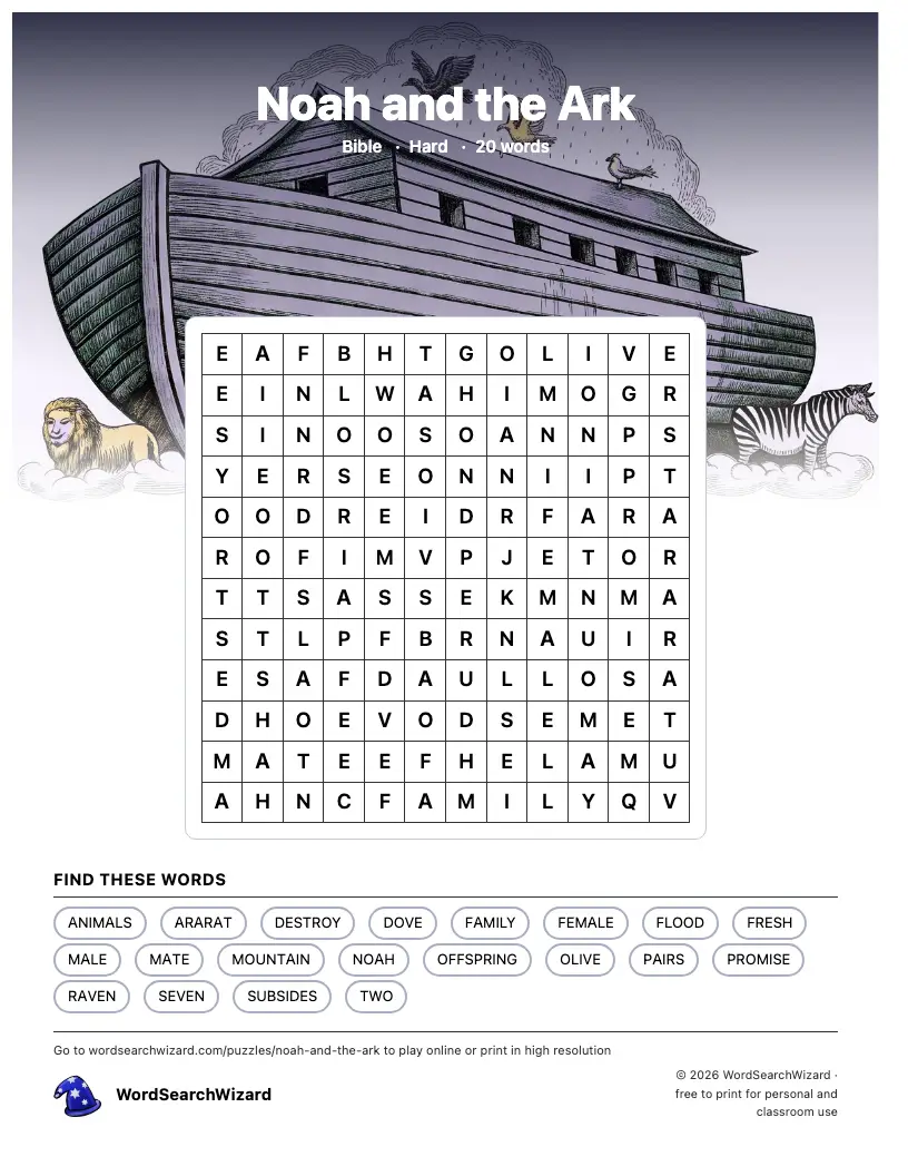 Noah and the Ark word search printable sheet, 20 words to find