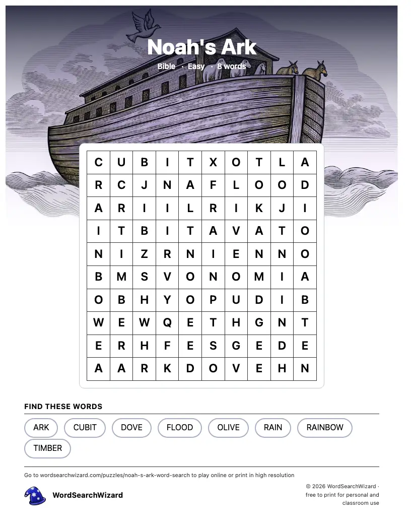 Noah's Ark word search printable sheet, 8 words to find