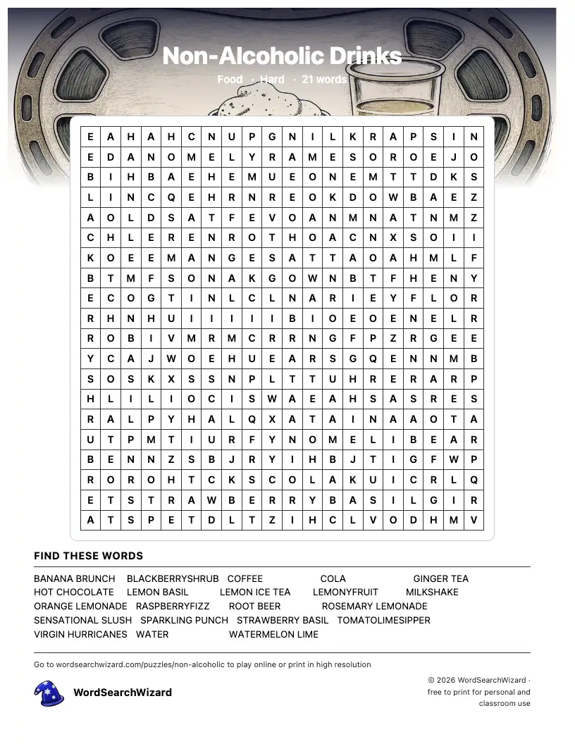 Non-Alcoholic Drinks word search printable sheet, 21 words to find