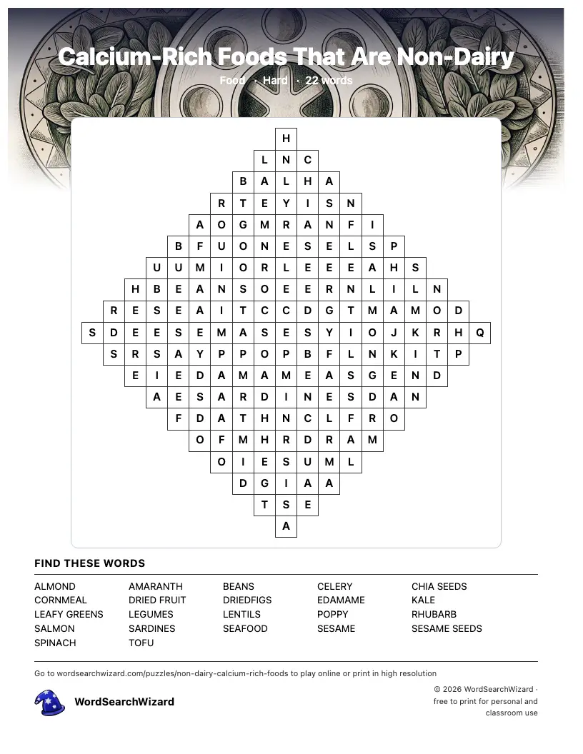 Calcium-Rich Foods That Are Non-Dairy word search printable sheet, 22 words to find