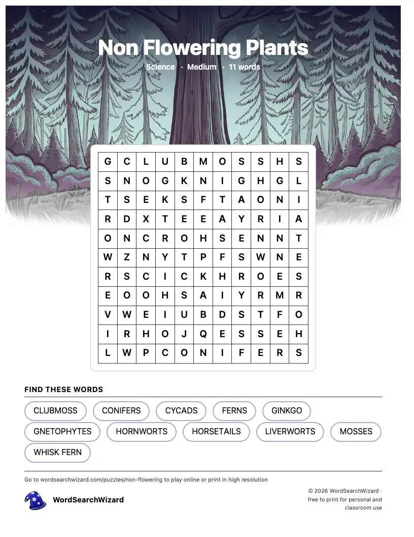 Non Flowering Plants word search printable sheet, 11 words to find
